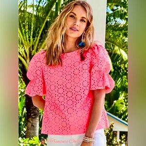 Lilly Pulitzer NWT Shaila Top Coral Neon Sunburst Eyelet